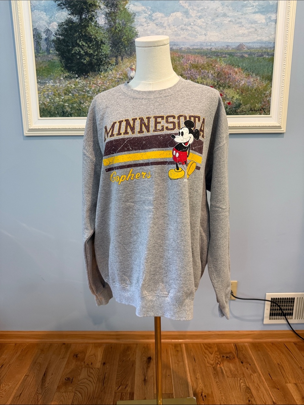 Disney Gray Minnesota Gophers Crewneck Sweatshirt with Mickey Graphic